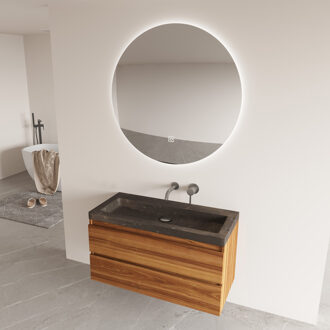 Freestone badkamermeubel walnoot 100cm met natuurstenen wastafel zonder kraangat en ronde spiegel