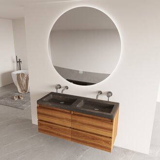 Freestone badkamermeubel walnoot 120cm met natuurstenen wastafel zonder kraangaten en ronde spiegel