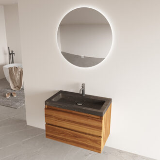 Freestone badkamermeubel walnoot 80cm met natuurstenen wastafel 1 kraangat en ronde spiegel