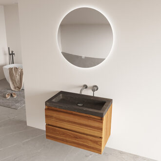 Freestone badkamermeubel walnoot 80cm met natuurstenen wastafel zonder kraangat en ronde spiegel