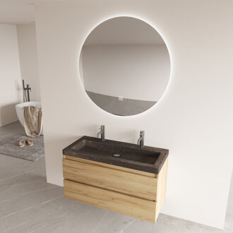 Freestone badkamermeubel warm eiken 100cm met natuurstenen wastafel 2 kraangaten en ronde spiegel