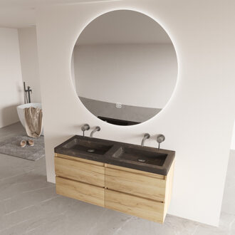 Freestone badkamermeubel warm eiken 120cm met natuurstenen wastafel zonder kraangaten en ronde spiegel
