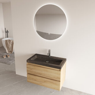 Freestone badkamermeubel warm eiken 80cm met natuurstenen wastafel 1 kraangat en ronde spiegel