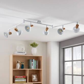 Fridolin plafondspot, 160cm, 6-lamps, wit, metaal wit, licht hout