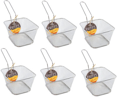 Frietmandje - 6x stuks - zilver - 13,5 cm - RVS - serveermandje voor patat/snack - frituurmandje