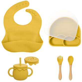 Frosty Cloud Baby Eetset: Het Complete 7-Delige Siliconen Servies Cadeau - Mosterdgeel