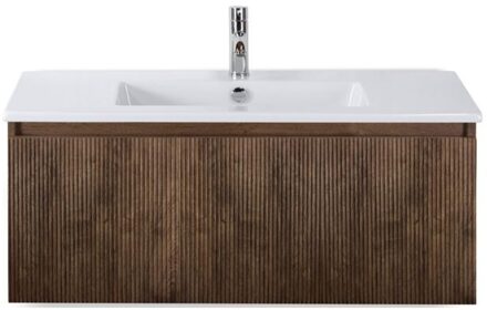 Frozen 3D Badmeubelset 100 cm - Greeplijst in Kleur - Dark Oak - Keramische Wastafel Wit 1 Kraangat