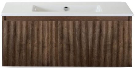 Frozen 3D Badmeubelset 100 cm - Greeplijst in Kleur - Dark Oak - Keramische Wastafel Wit Zonder Kraangat