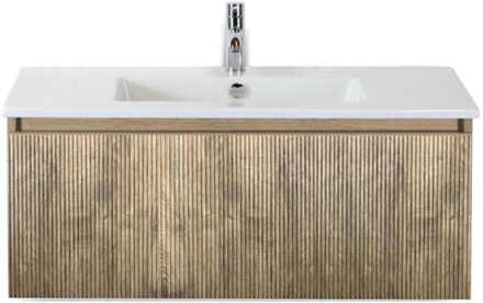 Frozen 3D Badmeubelset 100 cm - Greeplijst in Kleur - French Oak - Keramische Wastafel Wit 1 Kraangat