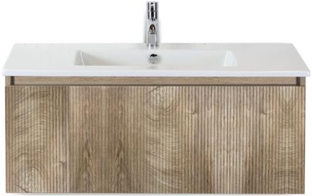 Frozen 3D Badmeubelset 100 cm - Greeplijst in Kleur - Grain Oak - Keramische Wastafel Wit 1 Kraangat