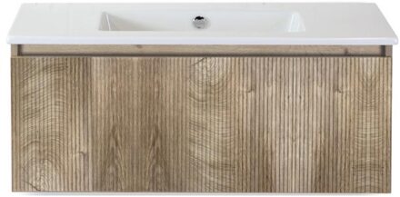 Frozen 3D Badmeubelset 100 cm - Greeplijst in Kleur - Grain Oak - Keramische Wastafel Wit Zonder Kraangat