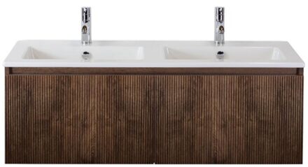 Frozen 3D Badmeubelset 120 cm - Greeplijst in Kleur - Dark Oak - Keramische Wastafel Wit Dubbel 2 Kraangaten