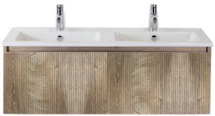 Frozen 3D Badmeubelset 120 cm - Greeplijst in Kleur - Grain Oak - Keramische Wastafel Wit Dubbel 2 Kraangaten