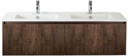 Frozen 3D Badmeubelset 140 cm - Greeplijst in Kleur - Dark Oak - Keramische Wastafel Wit 2 Kraangaten