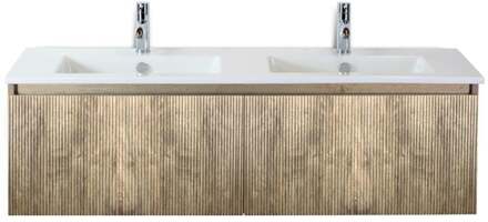 Frozen 3D Badmeubelset 140 cm - Greeplijst in Kleur - French Oak - Keramische Wastafel Wit 2 Kraangaten