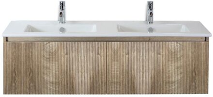 Frozen 3D Badmeubelset 140 cm - Greeplijst in Kleur - Grain Oak - Keramische Wastafel Wit 2 Kraangaten