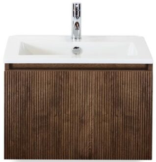 Frozen 3D Badmeubelset 60 cm - Greeplijst in Kleur - Dark Oak - Keramische Wastafel Wit 1 Kraangat