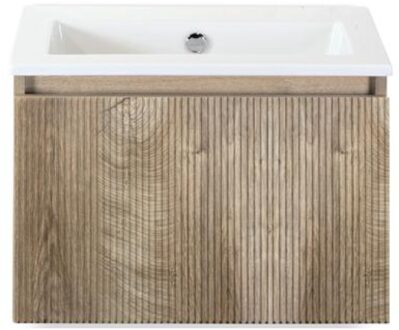 Frozen 3D Badmeubelset 60 cm - Greeplijst in Kleur - Grain Oak - Keramische Wastafel Wit Zonder Kraangat