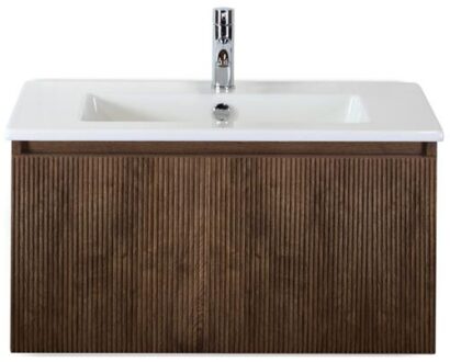 Frozen 3D Badmeubelset 80 cm - Greeplijst in Kleur - Dark Oak - Keramische Wastafel Wit 1 Kraangat