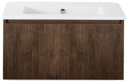 Frozen 3D Badmeubelset 80 cm - Greeplijst in Kleur - Dark Oak - Keramische Wastafel Wit Zonder Kraangat