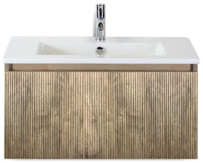 Frozen 3D Badmeubelset 80 cm - Greeplijst in Kleur - French Oak - Keramische Wastafel Wit 1 Kraangat