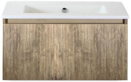 Frozen 3D Badmeubelset 80 cm - Greeplijst in Kleur - French Oak - Keramische Wastafel Wit Zonder Kraangat