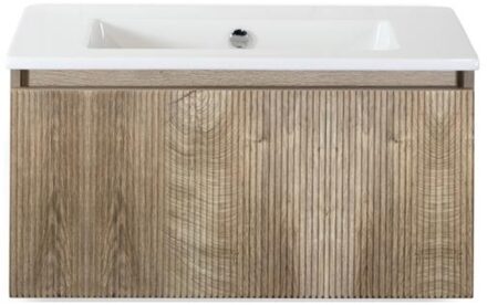 Frozen 3D Badmeubelset 80 cm - Greeplijst in Kleur - Grain Oak - Keramische Wastafel Wit Zonder Kraangat