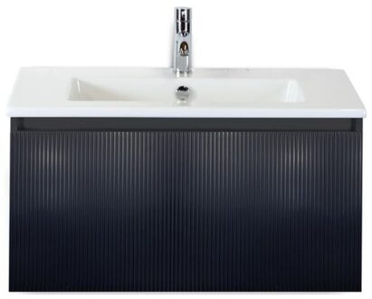 Frozen 3D Badmeubelset 80 cm - Greeplijst in Kleur - Zwart Mat - Keramische Wastafel Wit 1 Kraangat