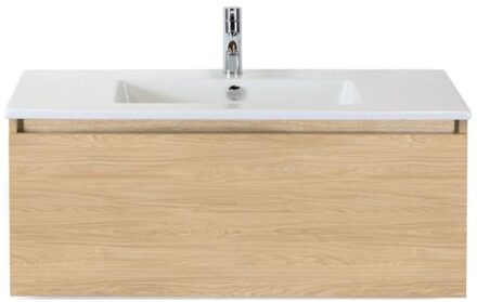 Frozen Badmeubelset 100 cm - Greeplijst in Kleur - Casella Oak - Keramische Wastafel Wit 1 Kraangat