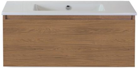 Frozen Badmeubelset 100 cm - Greeplijst in Kleur - Honey - Keramische Wastafel Wit Zonder Kraangat