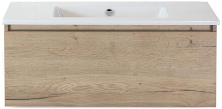 Frozen Badmeubelset 100 cm - Greeplijst in Kleur - Natuur Eiken - Keramische Wastafel Wit Zonder Kraangat