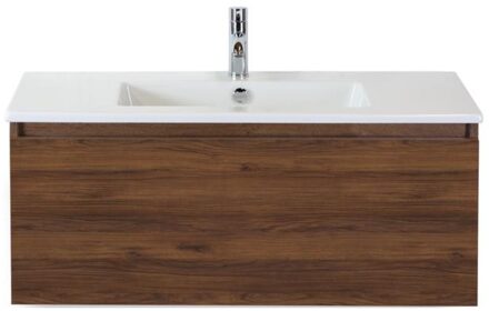 Frozen Badmeubelset 100 cm - Greeplijst in Kleur - Walnoot - Keramische Wastafel Wit 1 Kraangat