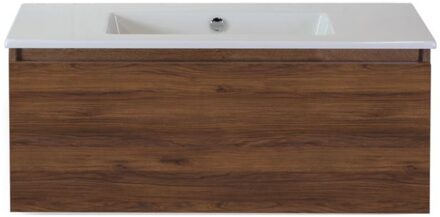 Frozen Badmeubelset 100 cm - Greeplijst in Kleur - Walnoot - Keramische Wastafel Wit Zonder Kraangat