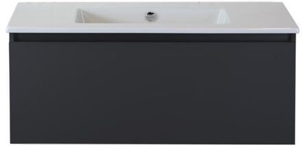 Frozen Badmeubelset 100 cm - Greeplijst in Kleur - Zwart Mat - Keramische Wastafel Wit Zonder Kraangat