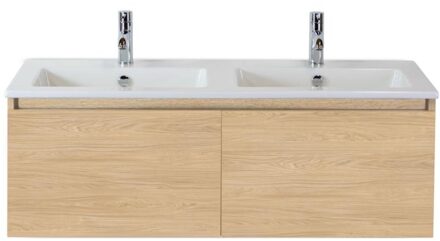 Frozen Badmeubelset 120 cm - Greeplijst in Kleur - Casella Oak - Keramische Wastafel Wit Dubbel 2 Kraangaten
