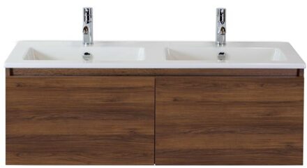 Frozen Badmeubelset 120 cm - Greeplijst in Kleur - Walnoot - Keramische Wastafel Wit Dubbel 2 Kraangaten