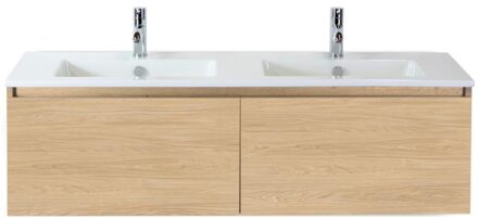 Frozen Badmeubelset 140 cm - Greeplijst in Kleur - Casella Oak - Keramische Wastafel Wit 2 Kraangaten
