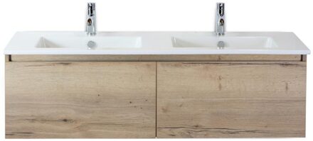 Frozen Badmeubelset 140 cm - Greeplijst in Kleur - Natuur Eiken - Keramische Wastafel Wit 2 Kraangaten