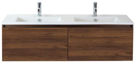 Frozen Badmeubelset 140 cm - Greeplijst in Kleur - Walnoot - Keramische Wastafel Wit 2 Kraangaten