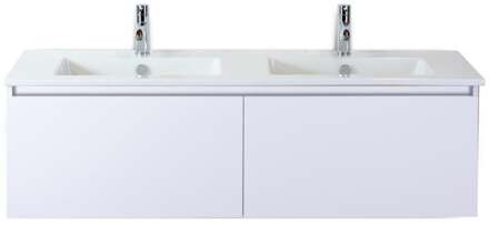 Frozen Badmeubelset 140 cm - Greeplijst in Kleur - Wit Hoogglans - Keramische Wastafel Wit 2 Kraangaten