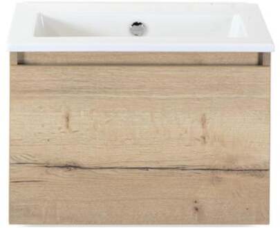 Frozen Badmeubelset 60 cm - Greeplijst in Kleur - Natuur Eiken - Keramische Wastafel Wit Zonder Kraangat