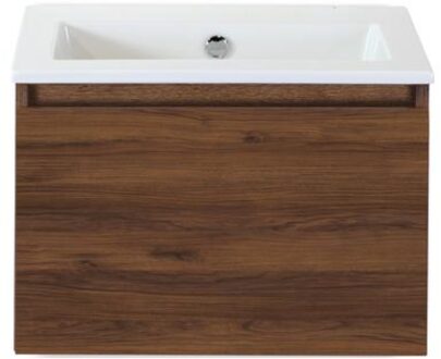 Frozen Badmeubelset 60 cm - Greeplijst in Kleur - Walnoot - Keramische Wastafel Wit Zonder Kraangat