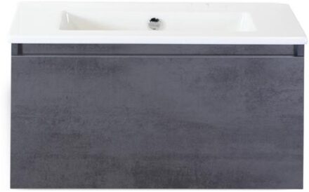 Frozen Badmeubelset 80 cm - Greeplijst in Kleur - Beton Antraciet - Keramische Wastafel Wit Zonder Kraangat