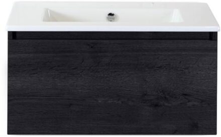 Frozen Badmeubelset 80 cm - Greeplijst in Kleur - Black Oak - Keramische Wastafel Wit Zonder Kraangat