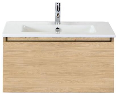 Frozen Badmeubelset 80 cm - Greeplijst in Kleur - Casella Oak - Keramische Wastafel Wit 1 Kraangat