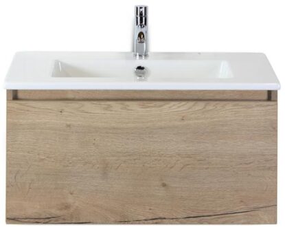 Frozen Badmeubelset 80 cm - Greeplijst in Kleur - Natuur Eiken - Keramische Wastafel Wit 1 Kraangat