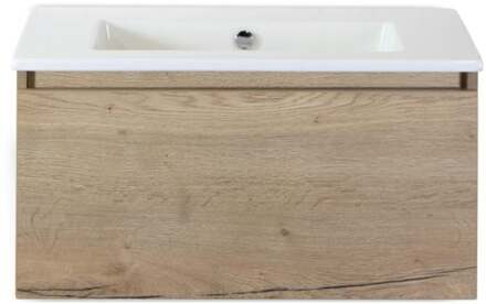 Frozen Badmeubelset 80 cm - Greeplijst in Kleur - Natuur Eiken - Keramische Wastafel Wit Zonder Kraangat