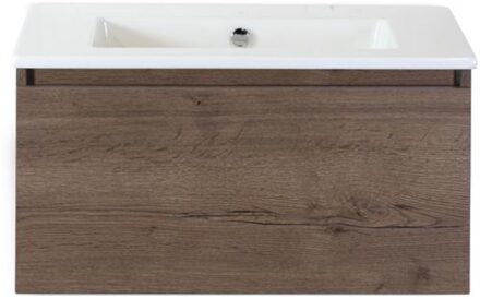 Frozen Badmeubelset 80 cm - Greeplijst in Kleur - Tabacco - Keramische Wastafel Wit Zonder Kraangat