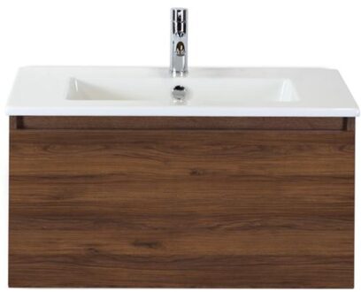 Frozen Badmeubelset 80 cm - Greeplijst in Kleur - Walnoot - Keramische Wastafel Wit 1 Kraangat
