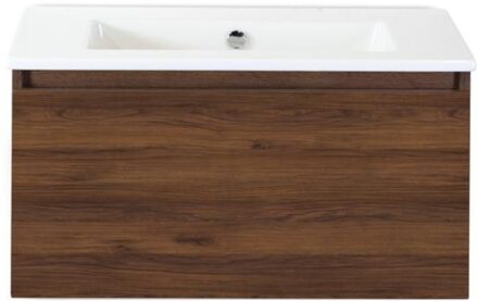 Frozen Badmeubelset 80 cm - Greeplijst in Kleur - Walnoot - Keramische Wastafel Wit Zonder Kraangat